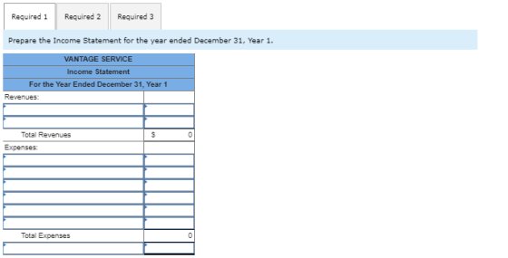 Required 1 Required 2 Required 3 Prepare the Income Statement for the year ended December 31, Year 1. VANTAGE SERVICE Income