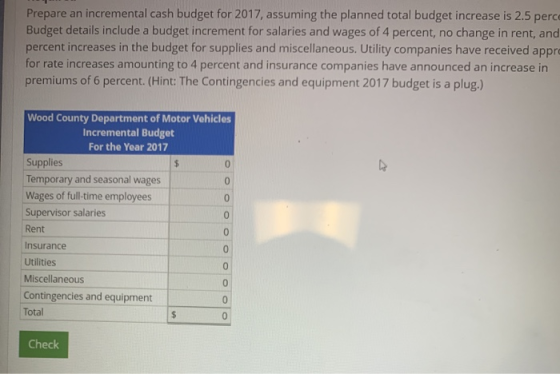 Prepare an incremental cash budget for 2017, assuming the planned total budget increase is 2.5 perce Budget details include a