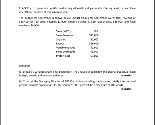 2. ABC Pty Ltd operates a no frills hairdressing salon with a single service offering wash, cut and blow dry (WCD). The price