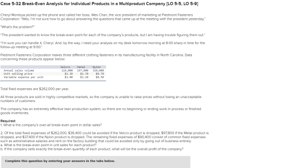 Case 5-32 Break-Even Analysis for Individual Products in a Multiproduct Company (LO 5-5, LO 5-9] Cheryl Montoya picked up the