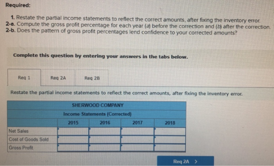 Required: 1. Restate the partial income statements to reflect the correct amounts, after fixing the inventory error, 2-a. Com