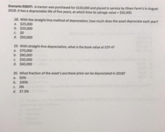 Scenario EIGHT: Atractor was purchased for $150,000 and placed in service by Olsen Farms in August 2018. it has a deprediabl