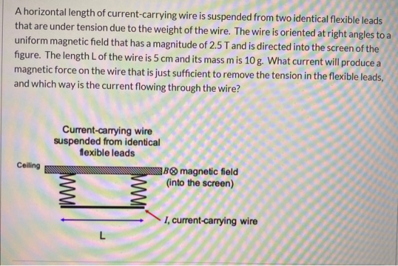A horizontal length of current-carrying wire is suspended from two identical flexible leads that are under tension due to the