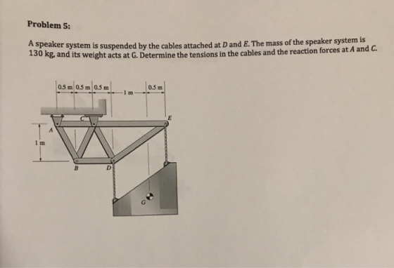 Problem 5: A spe 130 kg, and its em is suspended by the cables attached at Dand E. The mass of the speaker system is weight acts at G.Determine the tensions in the cables and the reaction forces at A and C. aker syst 0.5 m 0.5 m 0.5 m 0.5 m 1 m