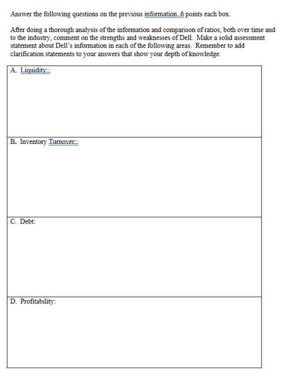 Answer the following questions on the previous information 6 points each box. After doing a thorough analysis of the informat