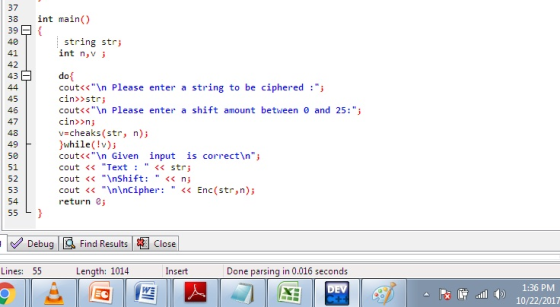 37 38 int main) string strj int n,V j 40 do cout«c\n Please enter a string to be ciphered :; cin>>str; cout«c\n Please ent