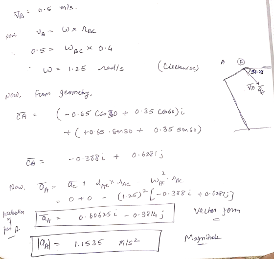 VB: 0.5 mls. Nowe Ug = W X Roc 0.5= WBct 0.4 .: w = 1.25 sadls (Clockwise) Now, from geomety, CA= (-0.65 caso + 0.35 (1860) i