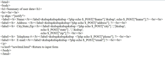 html <body <hl>Summary of user data</h> <br><br><br> p align justify> <label><b> Name:/b<label>&nbsp&nbsp&nbsp <?php echo S