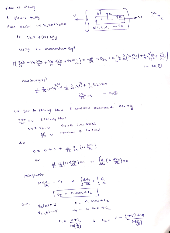 flow is steady b 12 2 Tag 2 flow is fully axial ie Vecco e Vo=0 Vz Pure OL, SA ie Vz= f(01) only using スー momentum egy +t? 12