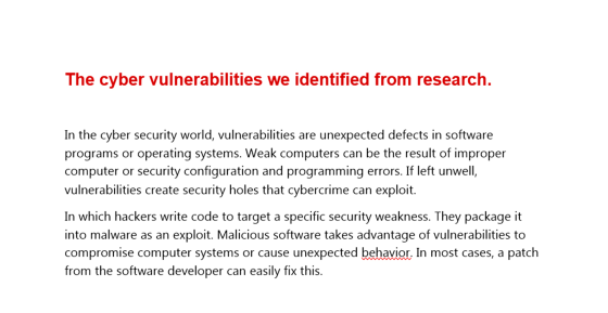 The cyber vulnerabilities we identified from research. In the cyber security world, vulnerabilities are unexpected defects in
