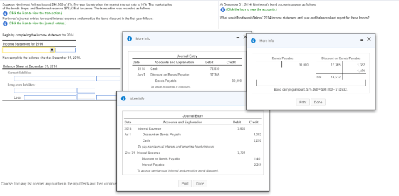 At December 31, 2014, Northwests bond accounts appear as fallaws (Click the lcon to vlew the accounts.) What would Northwwast Airlinas 2014 income statement and year-end balance sheat report for these bonds? Suppose Northwest Airlines issued $90,000 af 5%, fiva-yaar bonds when the arket interest rate is 10% Thn market price of the bonds drop, and Southwest receives $72,635 at issuance. The traneaction was recorded as fallows 1 (Cick the icon to visw the transaction.) Northwresfs journal entries to record interest experise and amortize the bond discount in the first year fellow 1 (Cick the icon to viaw tha journal entrias.) Begin by completing the income statement for 2014. More Into 1 More Info Income Statement for 2014 Joumal Entry Now complete the balance sheet at December 31, 2014. Bonds Payable Discount on Bunds Payable Accounts and Explanation Credit Balance Sheet at December 31, 2014 72,635 17.365 2014 Cash 1.451 Current liabiitics Ja Discount on Bonds Payable Bonds Payable To iesue bonde al a ciscont 90,000 Long-term liablities Bond carrying amount, 575,468 S90,000-S14,532 More Info Print Done Journal Entry Date 2014 Jul 1 Accounts and Explanation Credit Interest Expense 3,632 Discount on Bonds Payable 1.302 Cagh 2,250 To pay saminnu interast and amartizs bond disccun Dec 31 Interest Expense 3,701 Discount an Bonds Payable Interes: Payable 1,451 2,250 To acarue sermiannaa idereat and amartize bond aiscont Choose from any list or enter any number in the input fieds and then contin Print Done