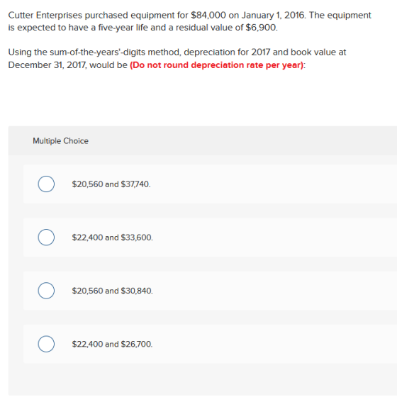 Cutter Enterprises purchased equipment for $84,000 on January 1, 2016. The equipment is expected to have a five-year life and