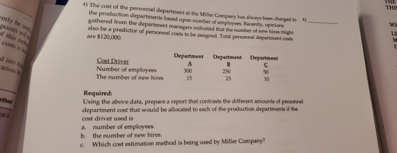 THE THIS 4) The cost of the personnel department at the Miller Company has always been charged to the production departments