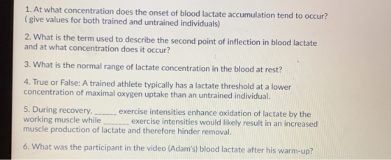 1. At what concentration does the onset of blood lactate accumulation tend to occur? (give values for both trained and untrai