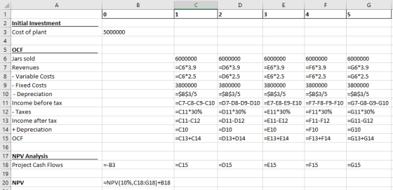 2 Initial Investment 3 Cost of plant 5000000 A 5 OCF 6 Jars sold 7 Revenues 8 - Variable Costs 9 - Fixed Costs 10 - Depreciat