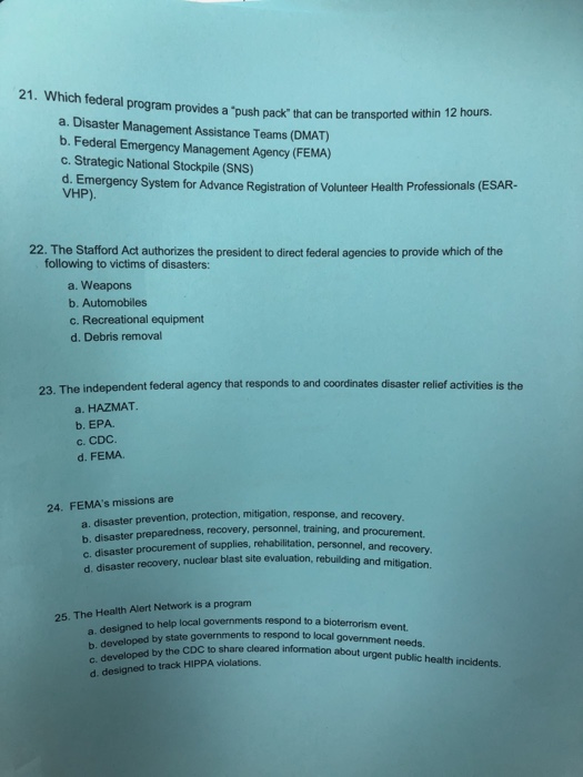 21. Which federal program provides a push pack that al program provides a push pack that can be transported within 12 hou