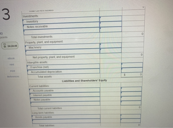 IULUI 13 3 Investments Inventory Notes receivable 10 0 points Total investments Property, plant, and equipment: Machinery 04: