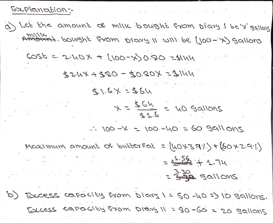 Explanation: » Let the amount of milk bought from Diary I bex gallons Amalan sant, bought from Diary i will be 2100-x) gall