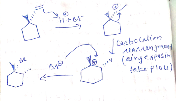 H+ Br Carbocation d y BL 14 Bro rearrangment leing expasion take place) yo m