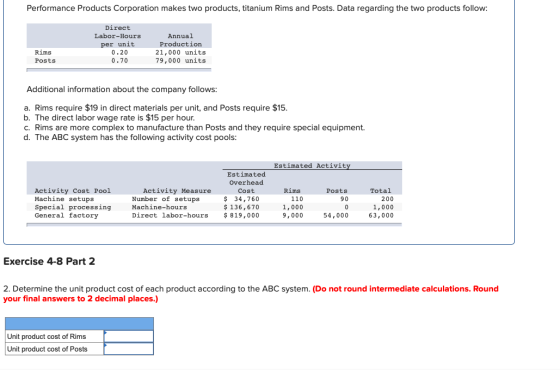 Performance Products Corporation makes two products, titanium Rims and Posts. Data regarding the two products follow: Direct