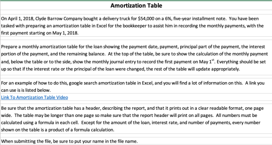 Amortization Table On April 1, 2018, Clyde Barrow Company bought a delivery truck for $54,000 on a 6%, five-year installment