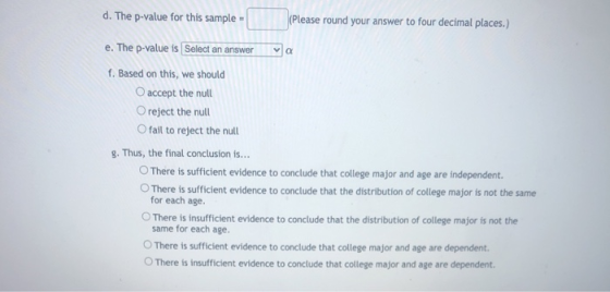 d. The p-value for this sample (Please round your answer to four decimal places.) Q e. The p-value is Select an answer f. Bas