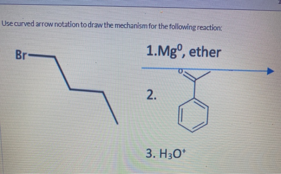 Use curved arrow notation to draw the mechanism for the following reaction: Br 1. Mgº, ether 2. 3. H30+