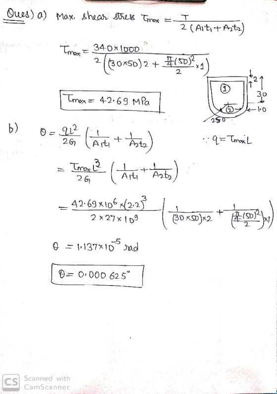 Ques) a) Max. shear stress Imox = 1 (Alt + Astz) Tmon = 340x1000 max 280x50) 2 + (50 3,g) Tmax= 42.69 MPa lo b) 0= 212 + Ante