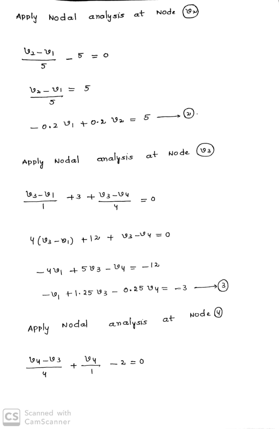 at Node va) Apply Nodal anolysis 42-0 5 = 0 5 12-21 = 5 - 5 -0.2 V, +0.2 Va = 13 at No de Apply Nodal analysis 123-11 뺌 +3 +
