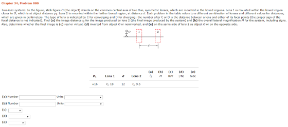 Two-lens systems. In the figure, stick figure O (the object) stands on the common central axis of two thin, symmetric lenses, which are mounted in the boxed regions. Lens 1 is mounted within the boxed region closer to o, which is at object distance P1. Lens 2 is mounted within the farther boxed region, at distance d. Each problem in the table refers to a different combination of lenses and different values for distances which are given in centimeters. The type of lens is indicated by C for erging and D for diverging; the number after C or D is the distance between a lens and either of its focal points (the proper sign of the focal distance is not indicated). Find (a) the image distance i2 for the image produced by lens 2 (the final image produced by the system) and (b) the overall lateral magnification M for the system, including signs. Also, determine whether the final image is (c) real or virtual, (d) inverted from object o or noninverted, and (e) on the same side of lens 2 as object O or on the opposite side. Chapter 34, Problem 080 ig nal man 2M R/VI/NI Side +16 C, 18 12 C,9.5 Units (a) Number (b) Number ผู้:3 Units