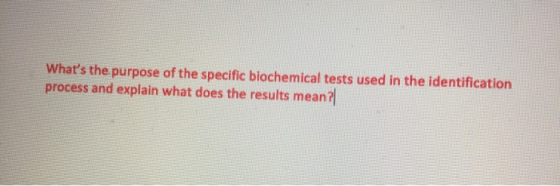 Whats the purpose of the specific biochemical tests used in the identification process and explain what does the results mea