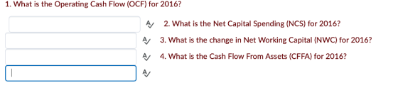 1. What is the Operating Cash Flow (OCF) for 2016? A 2. What is the Net Capital Spending (NCS) for 2016? A 3. What is the change in Net Working Capital (NWC) for 2016? A 4. What is the Cash Flow From Assets (CFFA) for 2016?