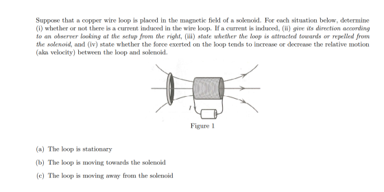 Suppose that a copper wire loop is placed in the magnetic field of a solenoid. For each situation below, determine (i) whethe