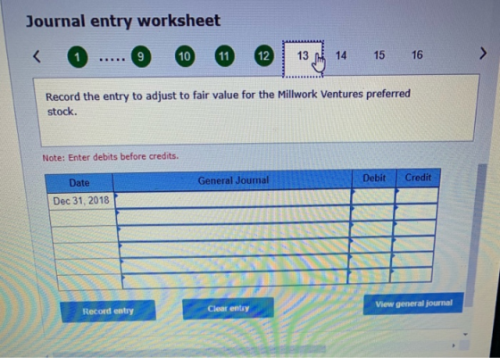 Journal entry worksheet < 1 ..... 9 10 11 12 13 14 15 16 > Record the entry to adjust to fair value for the Millwork Ventures