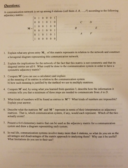 A communication network is set up among 6 stations (call them A, B, .., F) according to the following adjacency matrix: 0 1 0