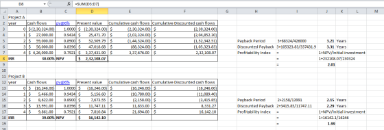 к LM arc D8 fx =SUM(D3:07) - A 1 Project A 2 year Cash flows pv@6% Present value Cumulative cash flows Cumulative Discounted
