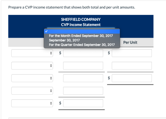 Prepare a CVP income statement that shows both total and per unit amounts. SHEFFIELD COMPANY CVP Income Statement For the Mon