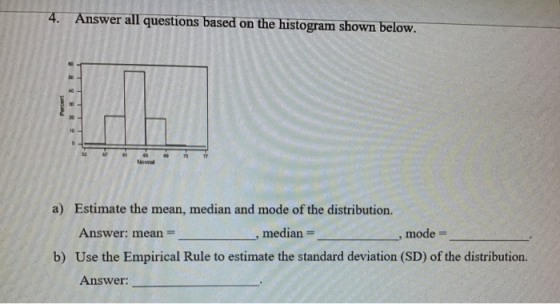Answer all questions based on the histogram shown below. 7e Estimate the mean, median and mode of the distribution. Answer: mean- Use the Empirical Rule to estimate the standard deviation (SD) of the distribution. Answer: a) , median mode- b)