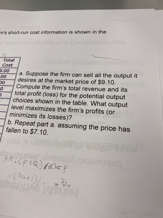 ms short-run cost information is shown in the 00 Tc Total Cost 9.00 a. Suppose the firm can sell all the output it desires a