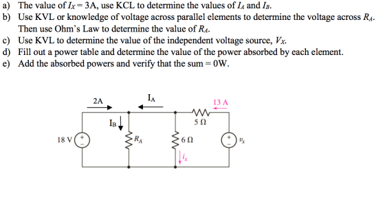 a) The value of Ix= 3A, use KCL to determine the values of IA and IB. b) Use KVL or knowledge of voltage across parallel elem