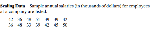 Scaling Data Sample annual salaries (in thousands of dollars) for employees at a company are listed. 42 36 48 51 39 39 42 36