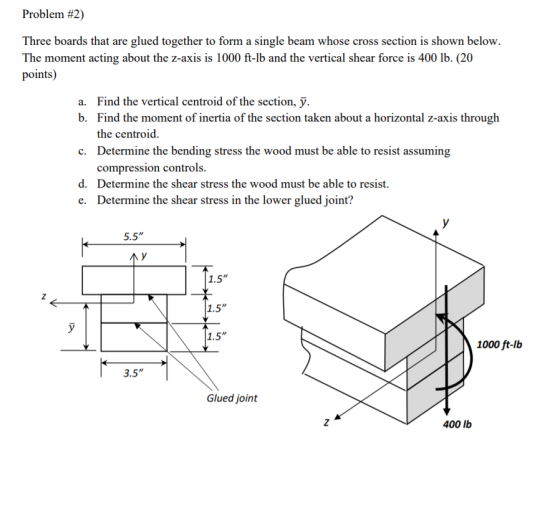 Problem #2) Three boards that are glued together to form a single beam whose cross section is shown below. The moment acting