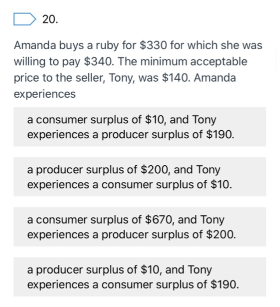 D 20. Amanda buys a ruby for $330 for which she was willing to pay $340. The minimum acceptable price to the seller, Tony, wa