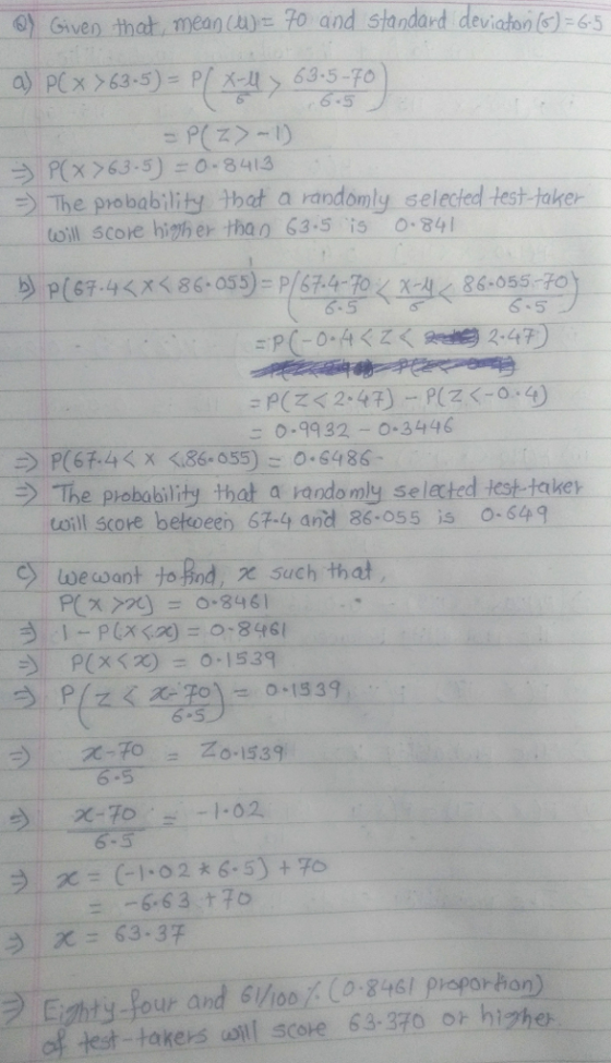 6) Gven that-mean (ay드 Po and s tandard devichon( 65 PCX>63-5):0.841.3 The probability that a randomly selected test taker oill scoie hiher tha 63.5 is 84 s.5 : 0-9932 - 0-3446 The probobility that a randomly se lacted iest takey toill score bekoeer 67-4 and 86-055 is 0-649 6-5 6-5 う-X-63-37 Eighty four and 51ioo-84si proporhan) test-takes alll score 63-370 othizhe
