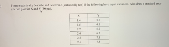 ) Please statistically deseribe and determine (statistically test) if the following have equal variances. Also draw a standard ermor interval plot for X and Y (30 pts) 1.4 1.5 2.2 2.4 2.5 2.6 3.5 4.1 5.2 6.3 7.1 7.5
