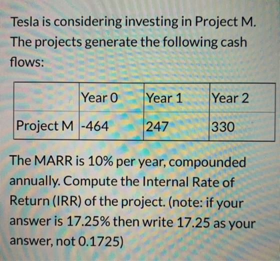 Tesla is considering investing in Project M. The projects generate the following cash flows: Year 0 Year 1 Year 2 Project M -