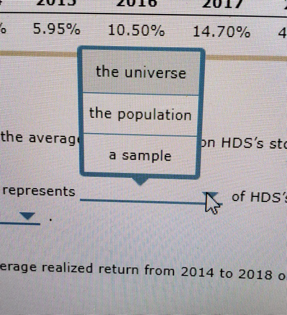 E 5.95% 10.50% 14.70% 4 the universe the population the average bn HDSs sto a sample represents of HDS: erage realized retu