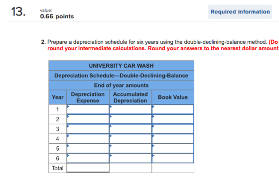 13. value: Required information 0.66 points 2. Prepare a depreciation schedule for six years using the double-declining-balan