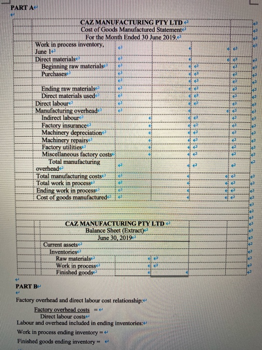 PART A tt tt e 22 e ܢܢ e e e CAZ MANUFACTURING PTY LTD Cost of Goods Manufactured Statemente For the Month Ended 30 June 2019