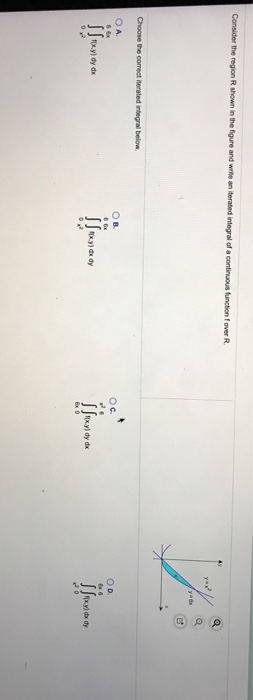 Consider the region R shown in the figure and write an iterated integral of a continuous function over R. Choose the correct